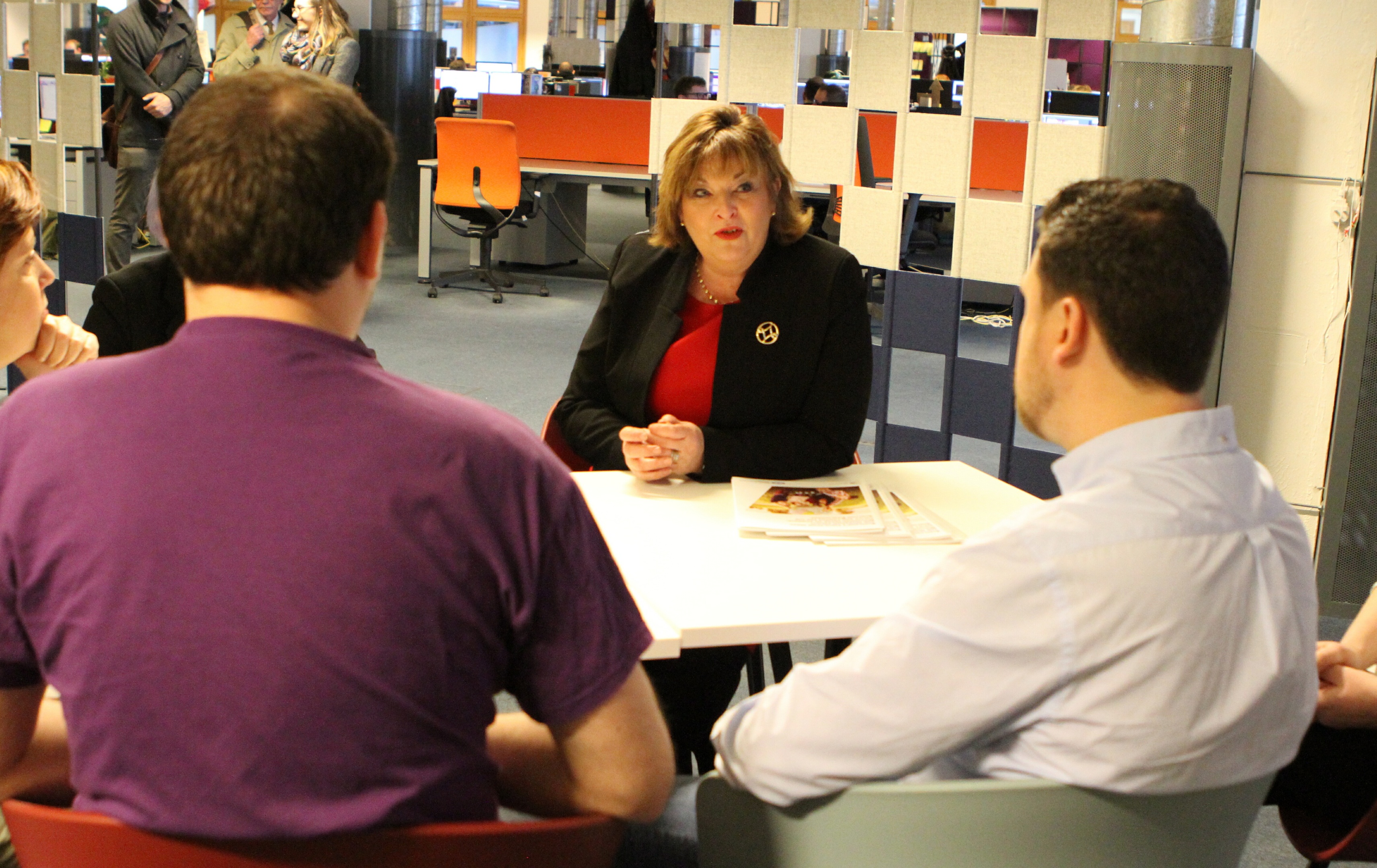 External Affairs Secretary Fiona Hyslop chats to staff of gaming company Outplay Entertainment at the Vision Building in Dundee's Greenmarket.