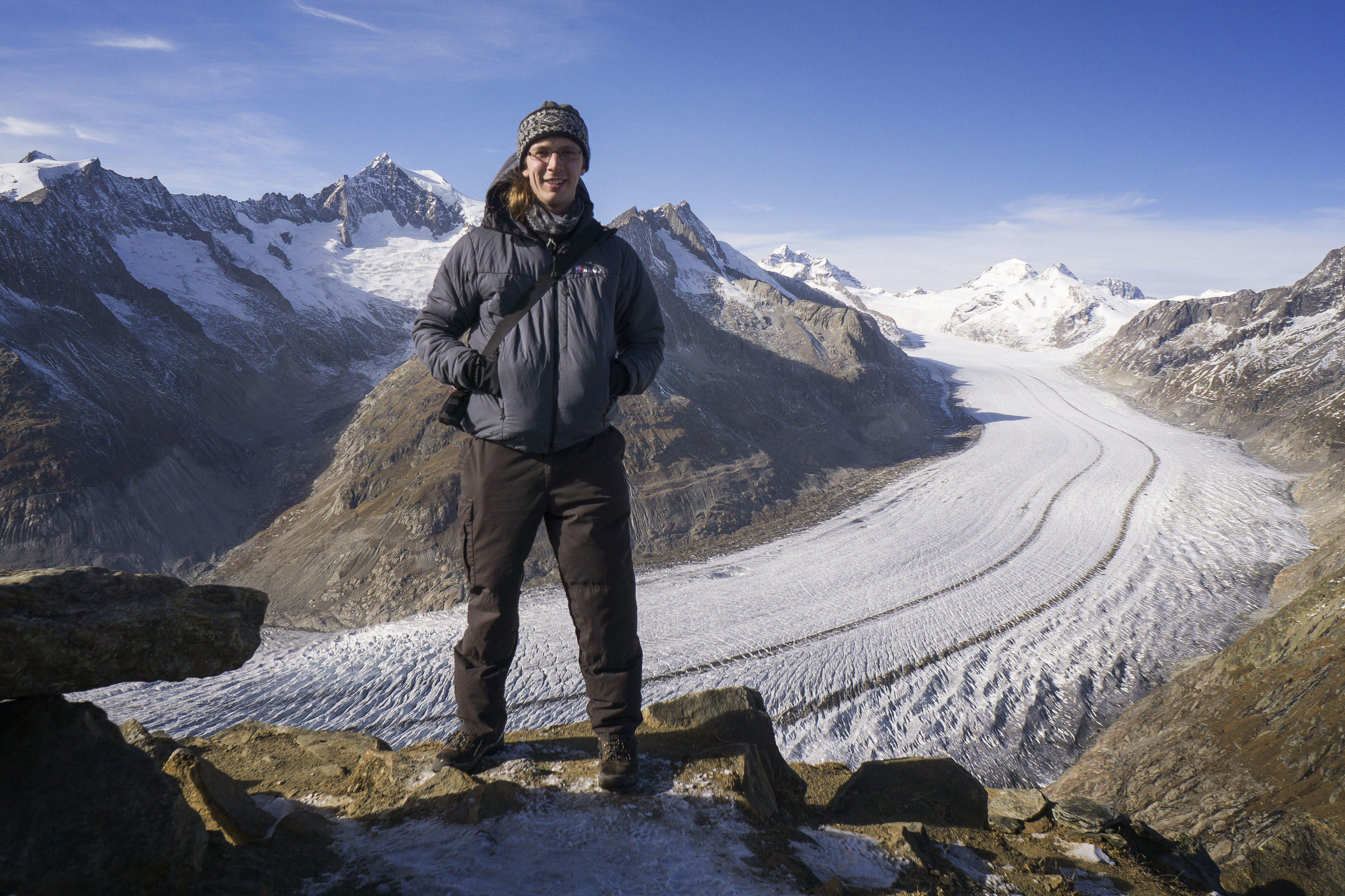 Kieran Baxter, who has exactly replicated an aerial photograph of the Alps taken more than 100 years ago.