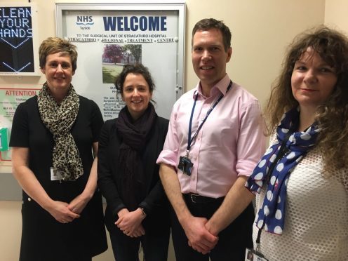 Lynn Smith, NHS Tayside general manager - Access Directory, Mairi Gougeon MSP, Stuart Keys, NHS Tayside Clinical Services Manager and Lorna Wiggin, NHS Tayside Chief Operating Officer)