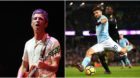 Noel Gallagher, left, and Sergio Aguero of Man City, right.