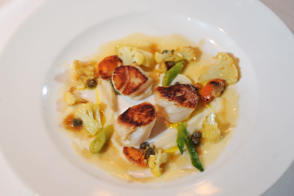 Starter - Seared Hand-dived Scallops with Roast Cauliflower, Spring Onions and Baby Capers.