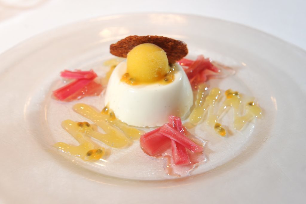 Dessert - Vanilla Buttermilk Pannacotta with Rhubarb and Passion Fruit.