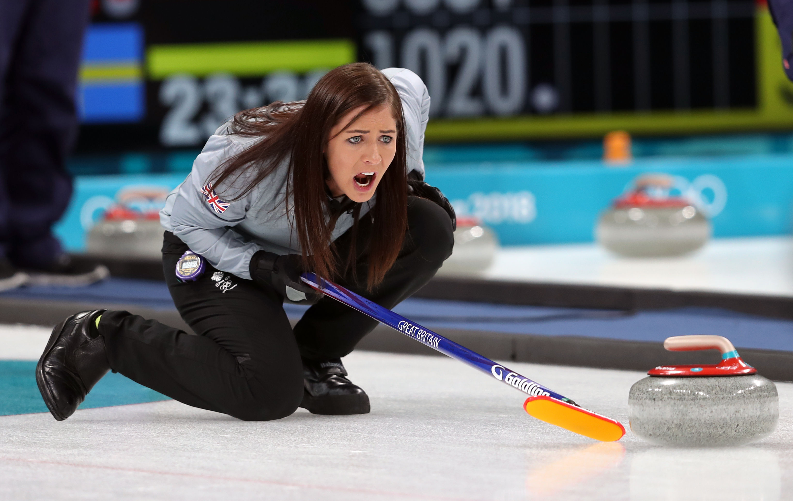 Eve Muirhead during the Women's Round Robin Session 1 match against Olympic Athletes from Russia at the Gangneung Curling Centre.