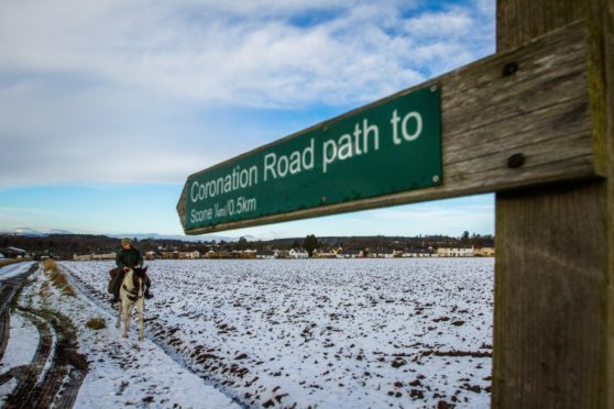 Heritage path between Scone and Abernethy shot from Scone. Karen Inkster and pony Connie enjoy a ride along it.