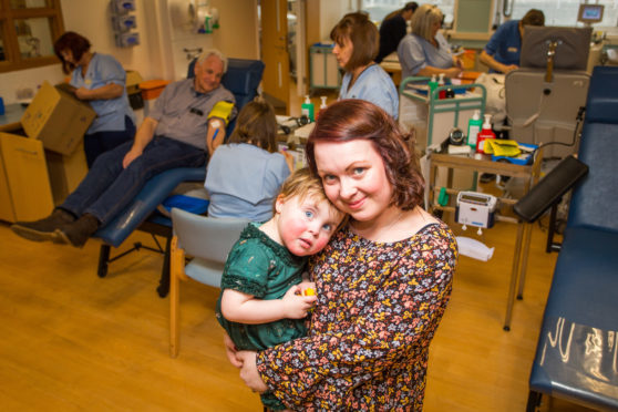 Gemma Edwards with daughter Skye (2) with Donor Carers at the Blood Donor Centre in Ninewells Hospital, Dundee
