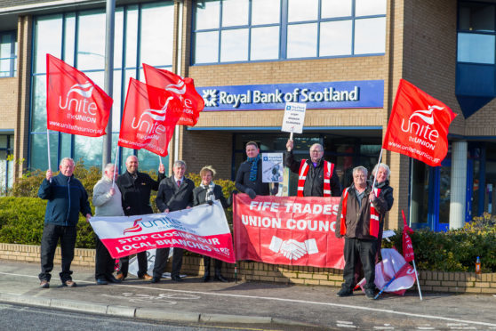 Protests outside RBS in Kirkcaldy over last year's closures of local branches
