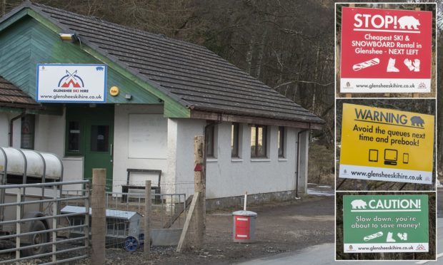 The ski hire shop and (inset right) the three billboards.