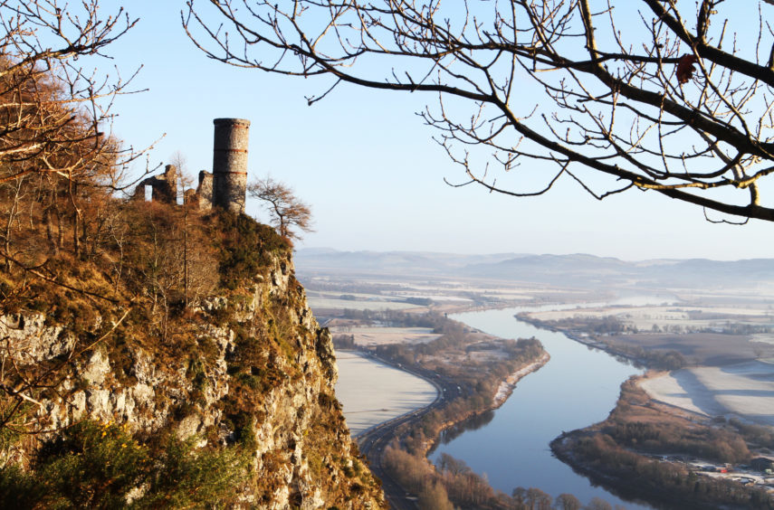 Kinnoull Hill Tower with River Tay beyond on wintry day