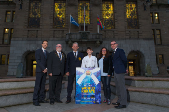 (Left) Cllr John Alexander, Depute Provost Bill Campbell, Dr Liviu Crisan (President of the World Union of Karate Federations), Oliver Bruce, Cllr Lynne Short and Roy O'Kane (WUKF Dundee 2018 Organising Committee Chair)