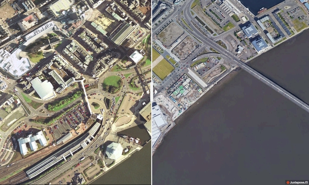 The waterfront in 2001 (left) and 2017 (right).