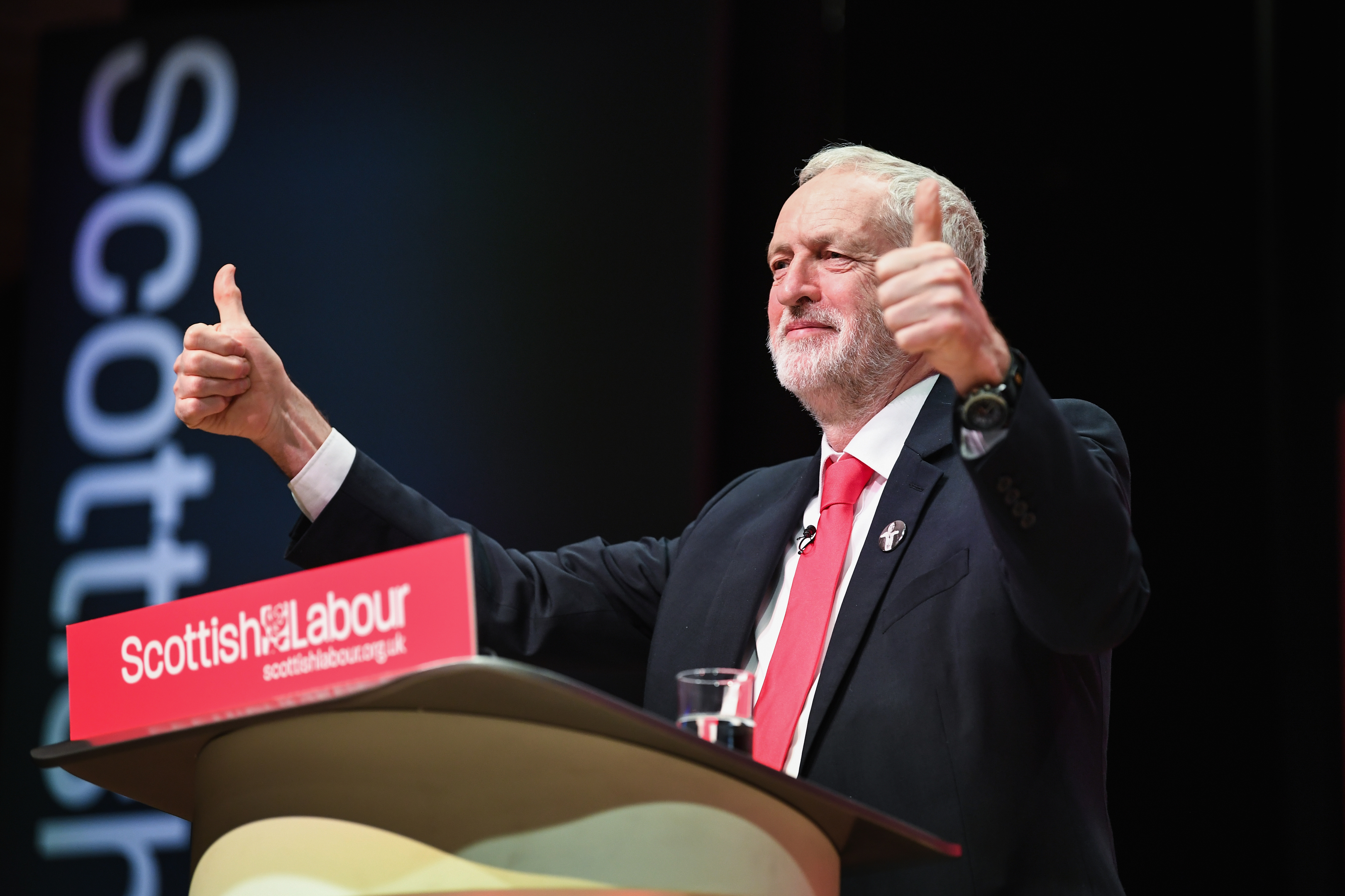 Labour leader Jeremy Corbyn acknowledges delegates' applause before giving his keynote speech to the Scottish Labour Party Conference at the Caird Hall on March 9 2018 in Dundee.