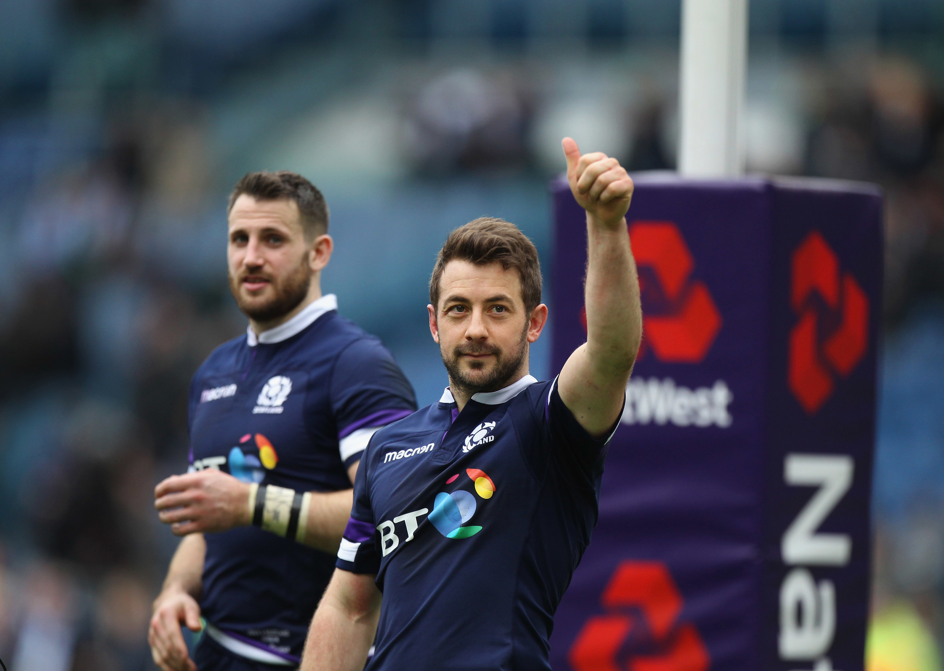 Greig Laidlaw celebrates victory after his late penalty won Scotland the game in Rome.