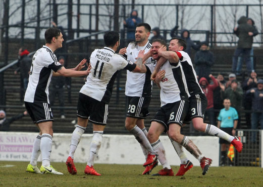 Declan McDaid was one of those celebrating as Ayr defeated Raith 3-0 in the league on Saturday.