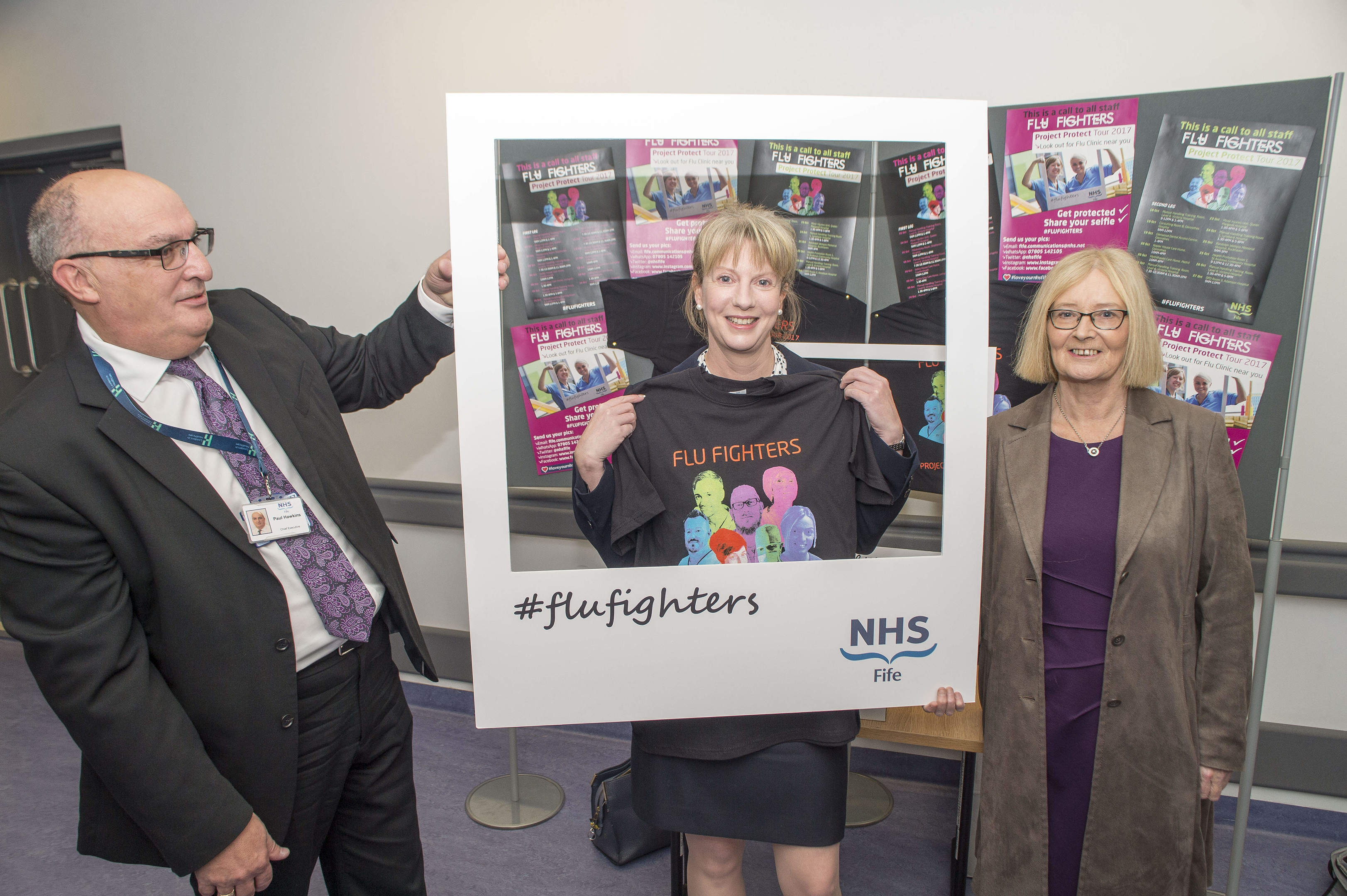 Scottish Health Secretary Shona Robison joined NHS Fife Chief Executive Paul Hawkins and Chair of NHS Fife Tricia Marwick in their Flu Fighters campaign during a visit to the Victoria Hospital in Kirkcaldy.