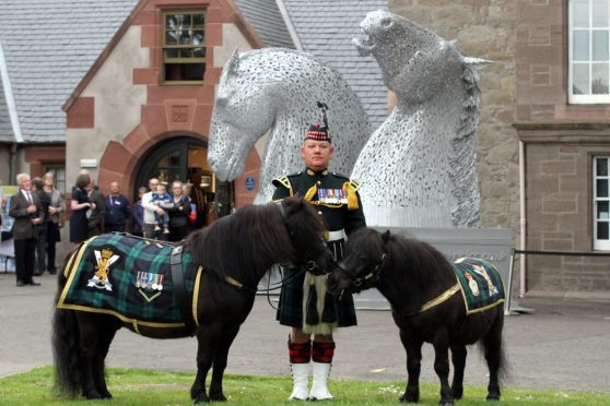 Pony Major Mark Wilkinson with Cruachan IV and Cruachan III  at the Black Watch museum, Perth.