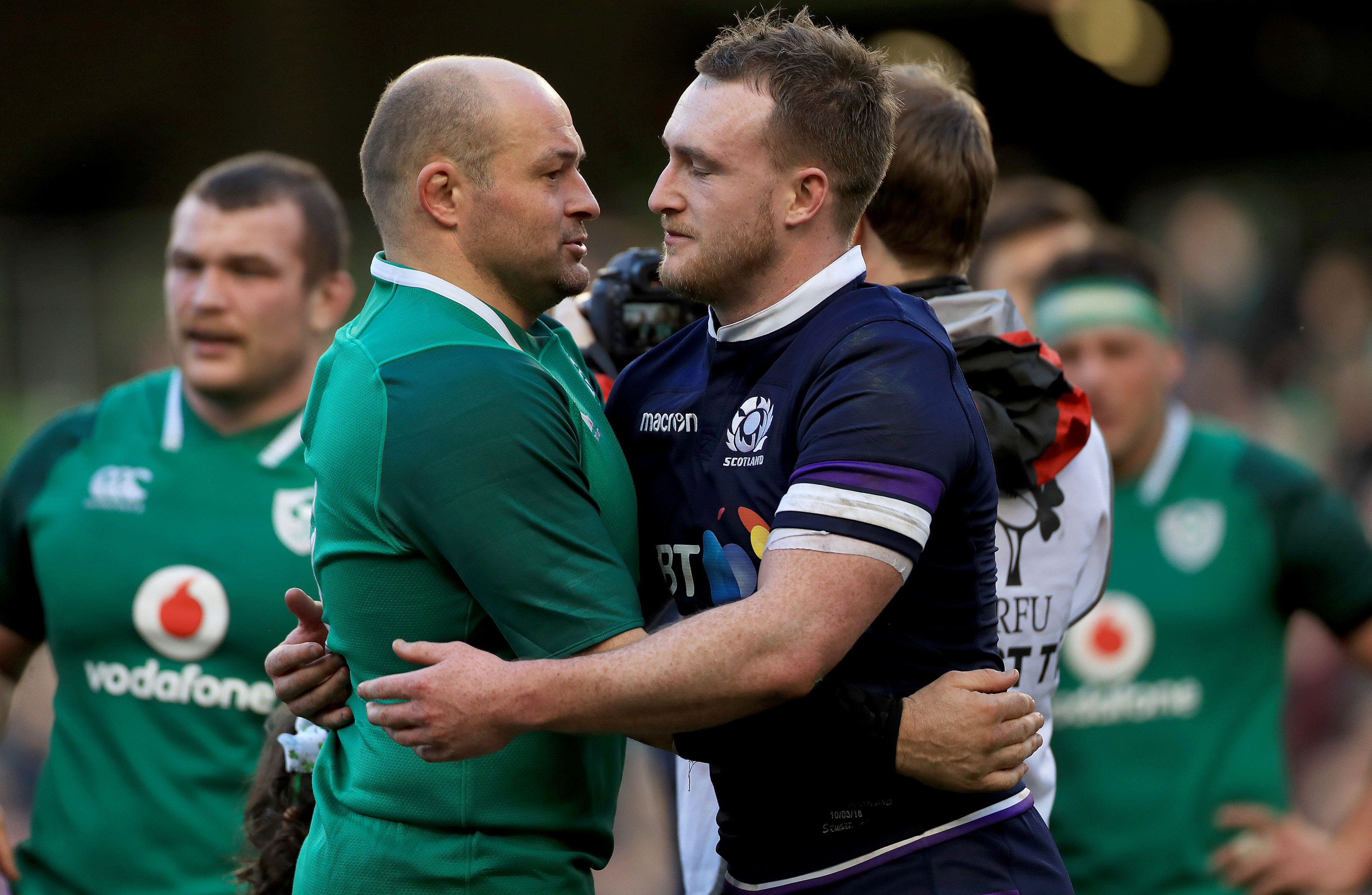 Ireland's Rory Best and Scotland's Stuart Hogg at the end of the NatWest Six Nations match at the Aviva Stadium, Dublin.