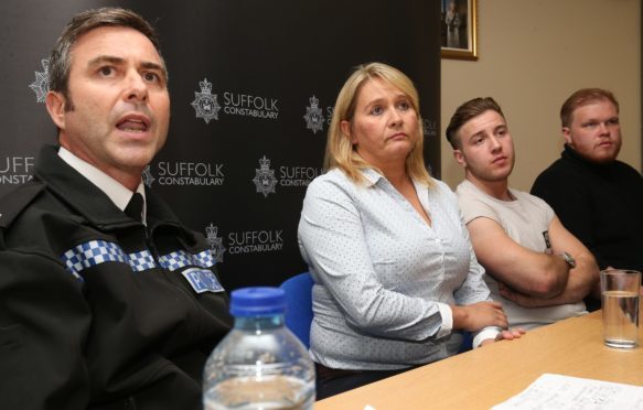 (left to right) Acting Chief Superintendent Kim Warner of Suffolk Police speaks alongside mother of missing 23-year-old Corrie McKeague, Nicola Urquhart and his brothers Darroch and Makeyan McKeague, during a press conference  at Bury St Edmunds Police Station in Suffolk.