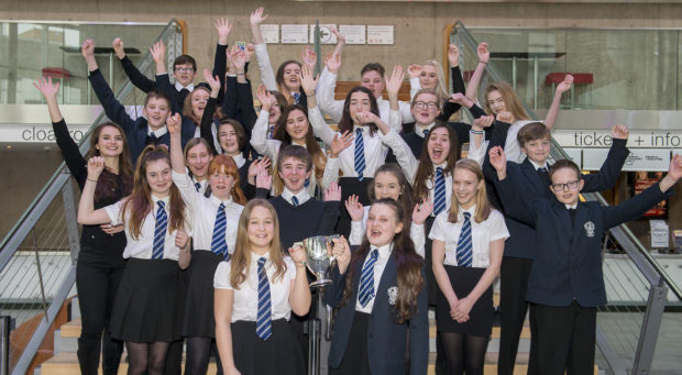 Perth Academy Junior Choir, winners of the Lady Juliet Scrymgeour , Wedderburn Cup celebrating with their music teacher and conductor Catriona Rutherford.