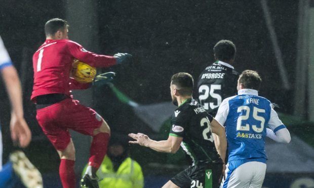 Hibs goalie Ofir Marciano Handles the ball outside his box.