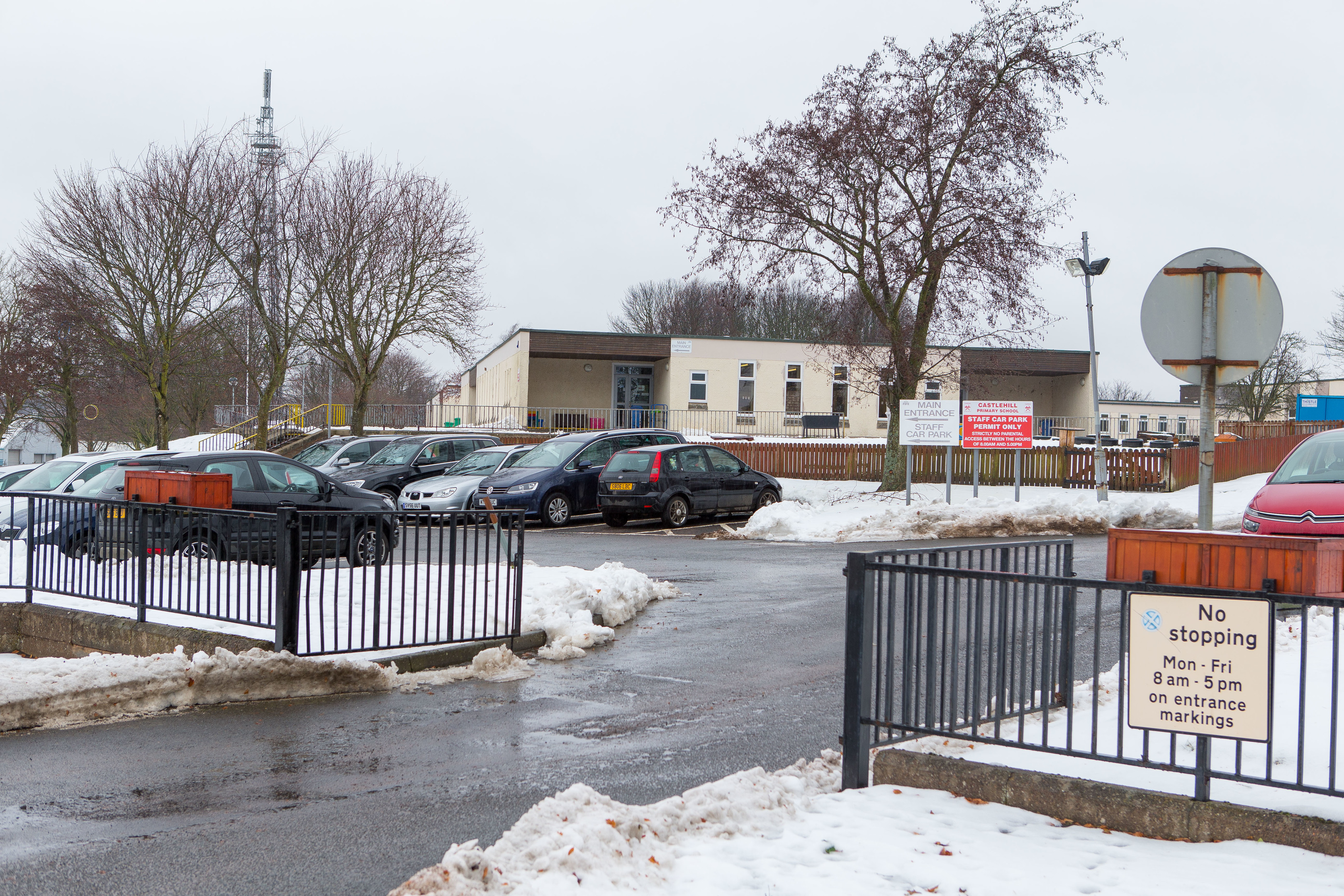 The staff car park at Castlehill Primary School in Cupar was full as they returned to work - but pupils remained off on Monday.