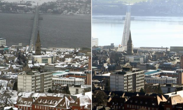 Looking towards the Tay Road Bridge a week apart.