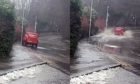 The van mounts the pavement (left) before splashing floodwater over the pupil, who was cowering behind the lamppost.