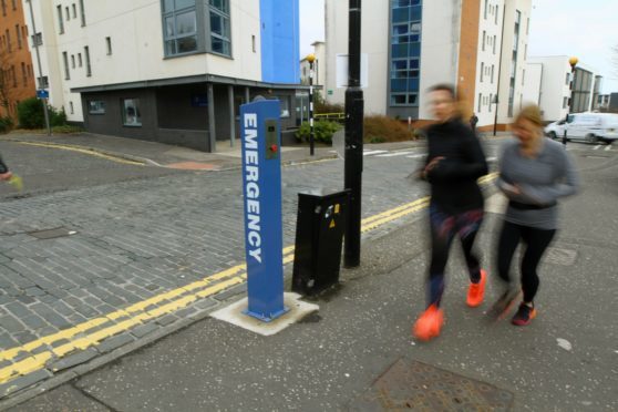 One of the "emergency" poles on Old Hawkhill, opposite student flats and the Institute of Sport and Exercise.