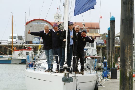 Peter Soddy, Mark Bales, Cameron Adam, Peter Best and Mike O'Brien aboard the Honey Bee at Arbroath marina