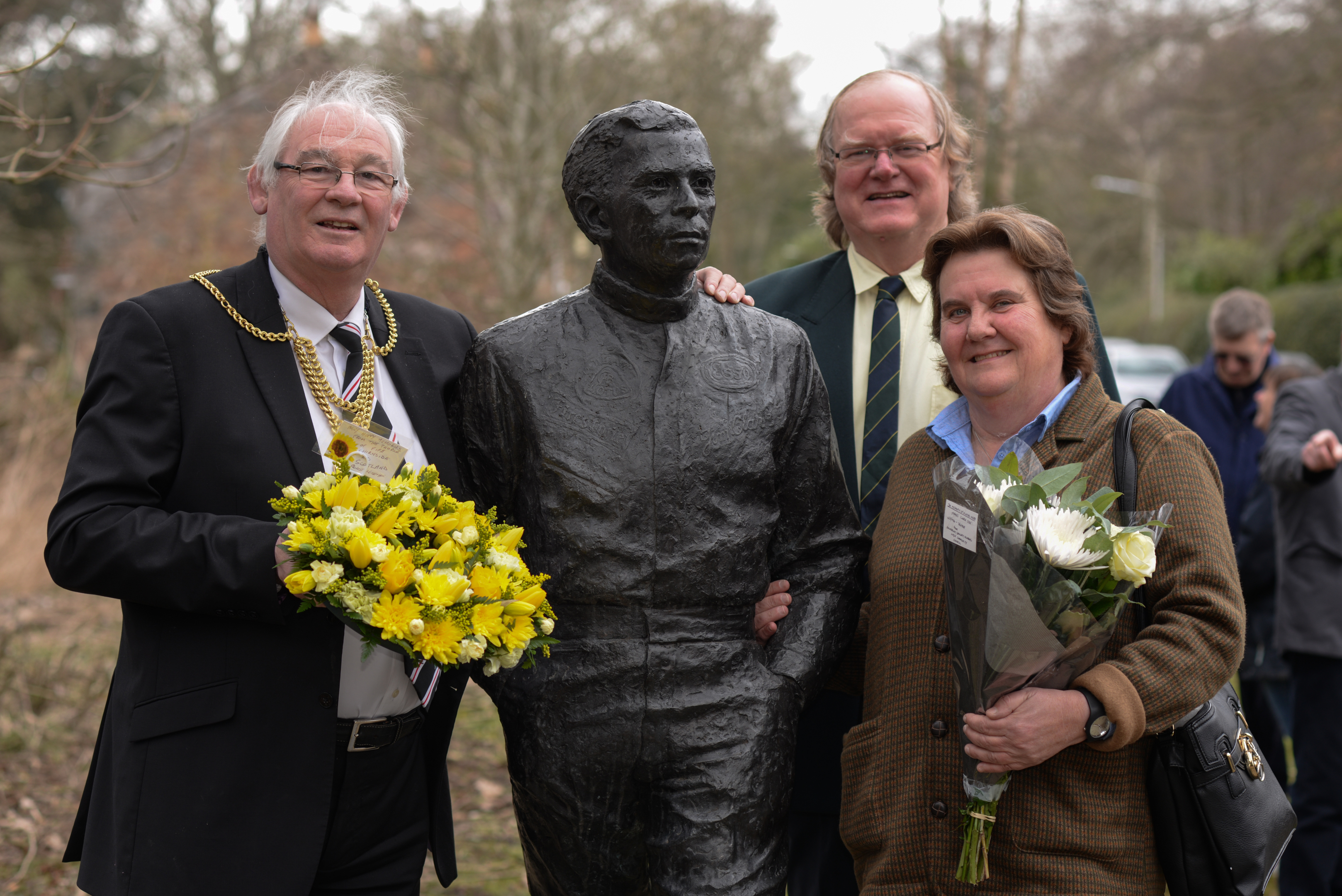 Provost Jim Leishman, Councillor Andy Heer and Eleanor Fleming, chair of the local Community Council, at the Jim Clark memorial, Kilmany.