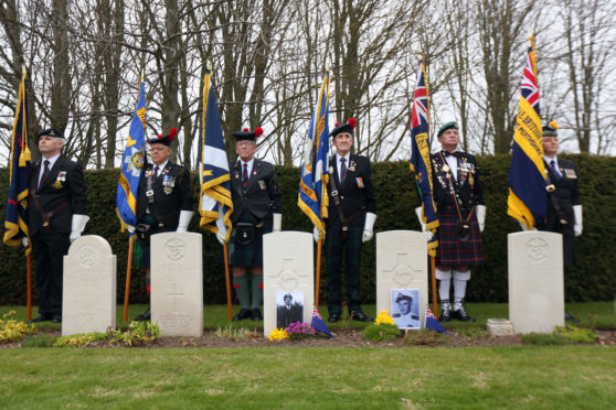 Courier News. Angus story CR0000646 ANZAC ceremony at graveside of four New Zealand airmen in Arbroath's Western cemetery. One of Scotland's biggest ANZAC commemorations, will include senior figures from organisations including the NZ High Commission. Pic shows; Standard bearers during the ceremony. Sunday, 22nd April, 2018.