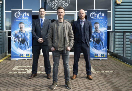 Chris Millar flanked by Mark Longden of MKN and Matt Henderson (testimonial committee chairman).