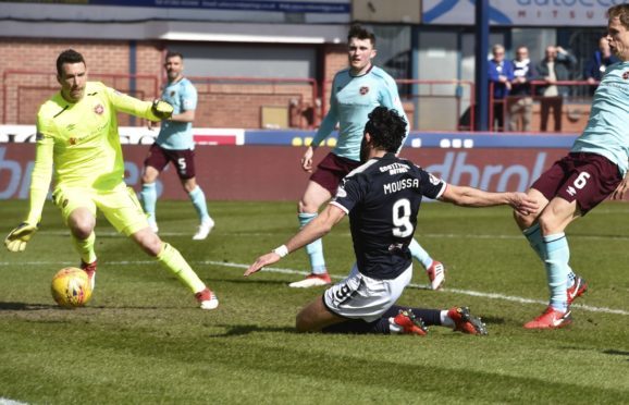 Sofien Moussa scoring against Hearts last season.