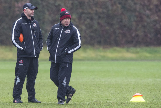 Edinburgh Rugby head coach Richard Cockerill (right) with defence coach Calum MacRae at training yesterday.