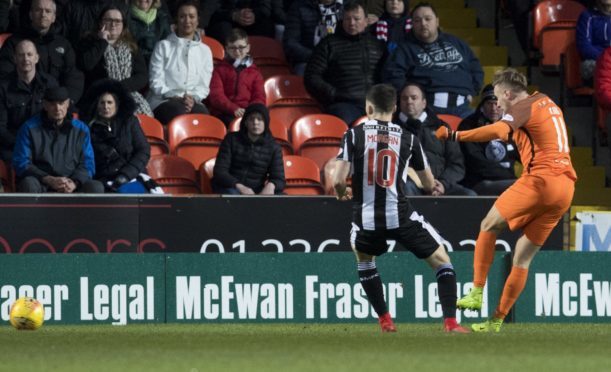 Billy King scores against St Mirren.