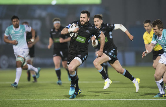 Alex Dunbar races through for his comeback try at Scotstoun against Connacht.