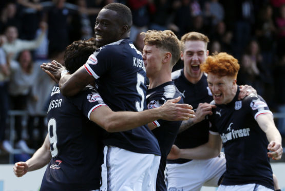 The Dundee players celebrate Sofien Moussa's opener last week.
