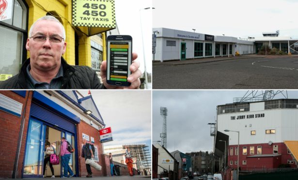 Graham Pert displays the app on a phone. Dundee Airport, the city's two football stadiums and the train station are among the locations we checked the app for prices to and from.