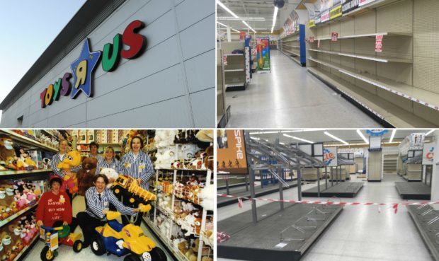 Empty shelves at Toys R Us Dundee this week next to a photo of staff not long after is opening in 1998