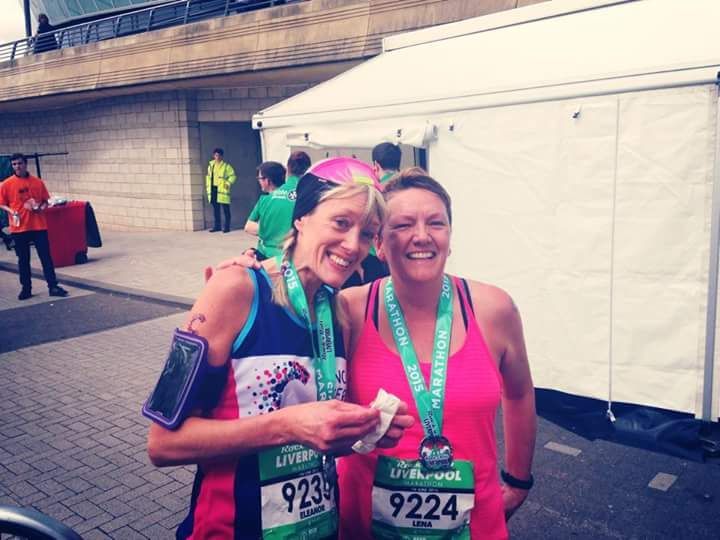 Lena, right, with sister Eleanor McMonagle, after they completed the Liverpool marathon in which they raised money for Cancer Research.
