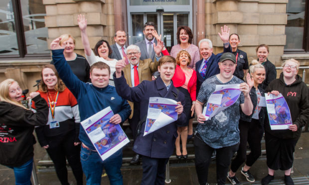 Perth and Kinross Council celebrates a glowing report in relation to youth projects. Picture shows some of those involved including Chief Executive Bernadette Malone and Provost Dennis Melloy (middle, centre).