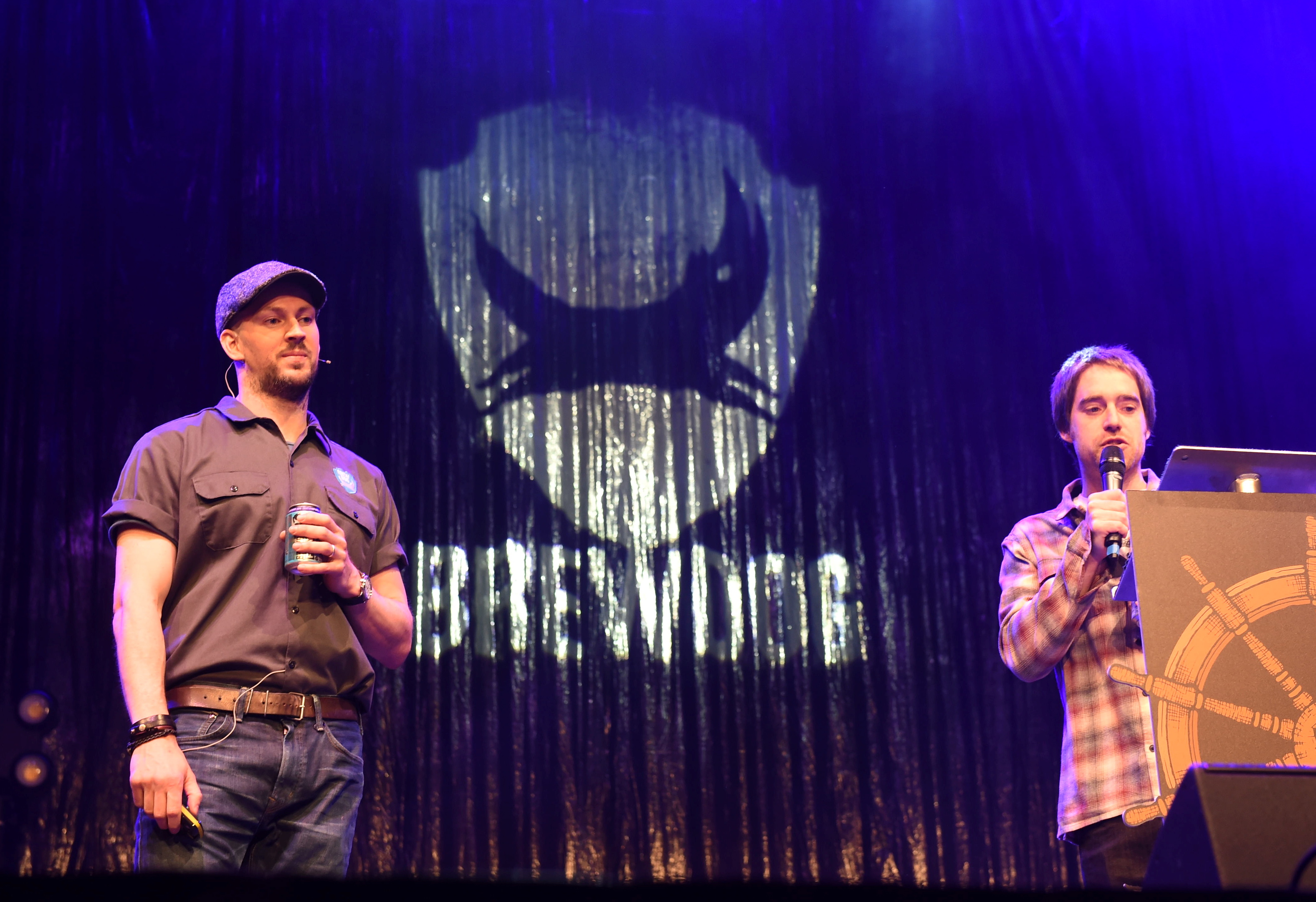 Brewdog founders James Watt and Martin Dickie speaking an AGM held at the AECC.
