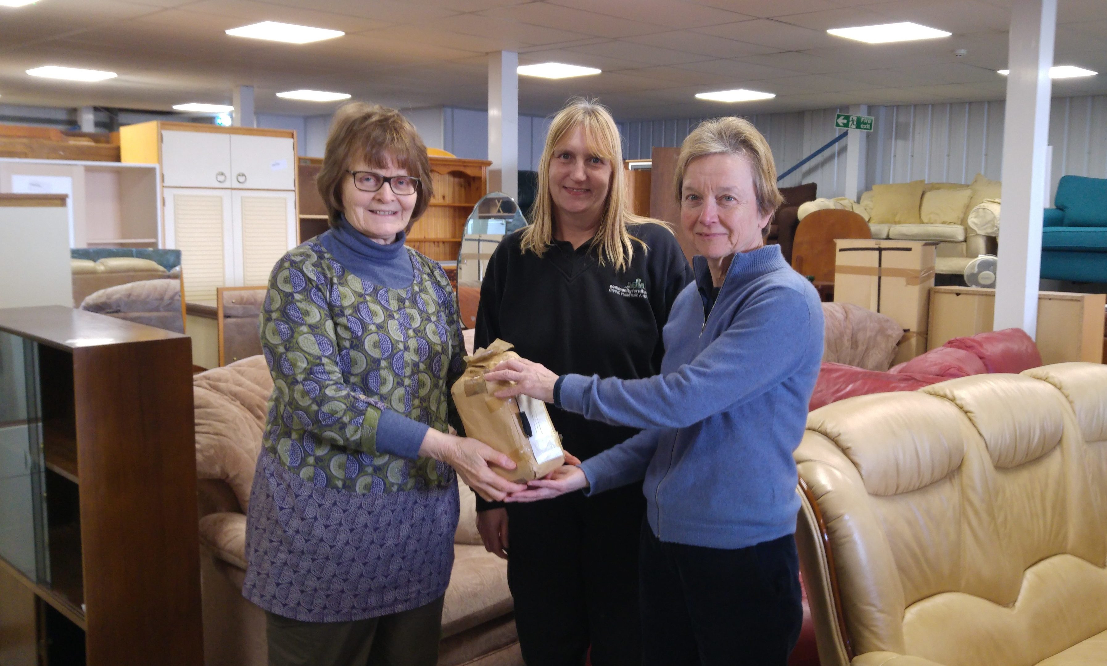 Ros Batchelor and Joanne Lansell with Hilary Graham at the York Community Furniture Store