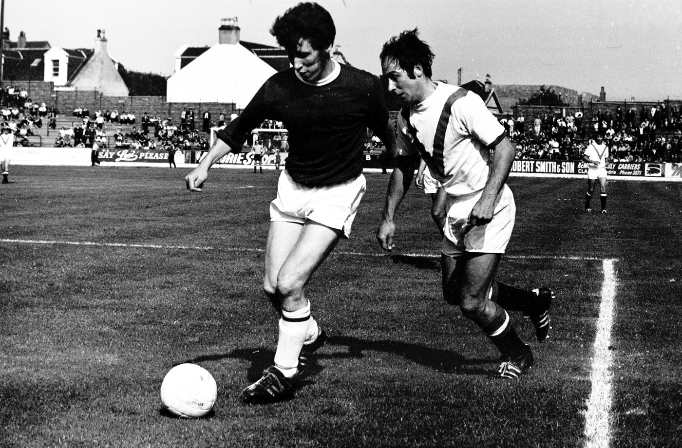 John Lambie in action for St Johnstone against Drew Jarvie of Airdrie at Broomfield Park in 1970.