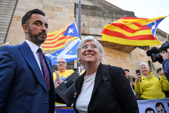 Aamer Anwar and Clara Ponsati outside court last month.