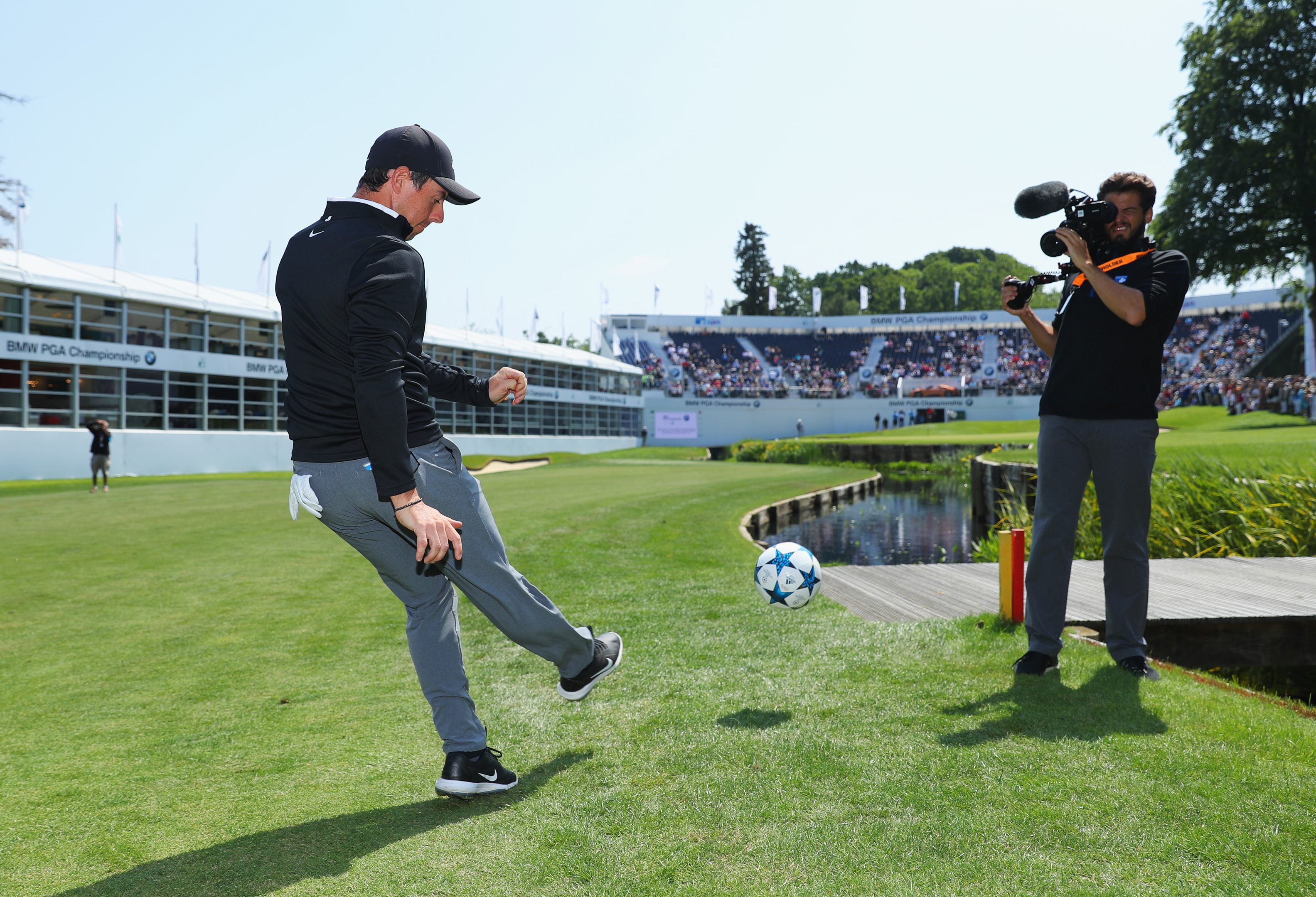 Rory McIlroy takes part in a football golf challenge during the BMW PGA Championship Pro Am yesterday "the first time I've kicked a ball since (my five a sides injury) in 2015" he joked.