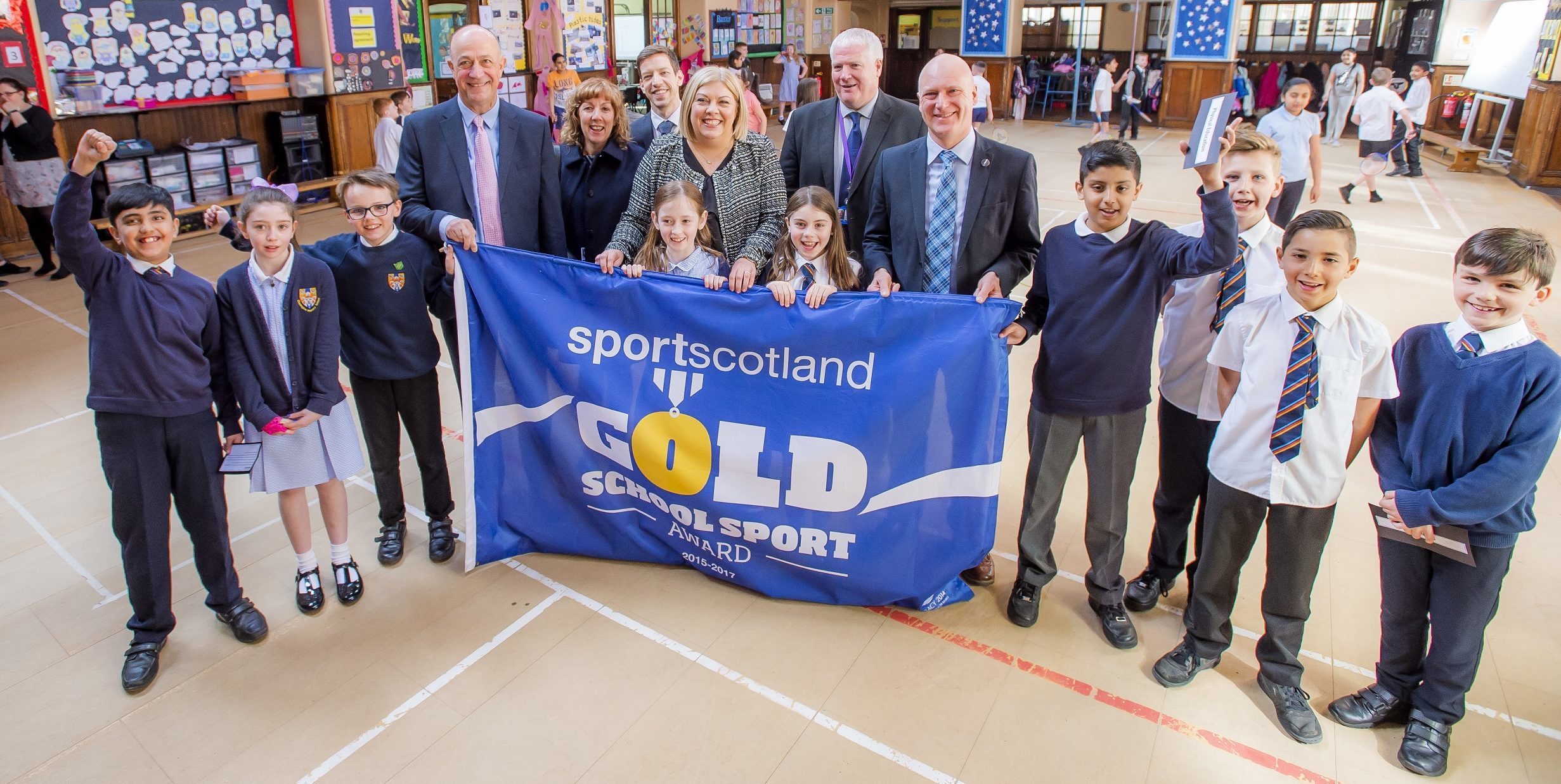 Pictured with children from Clepington Primary in picture number are, Stewart Harris sportscotland Chief Executive, Elaine Zwirlein Executive Director of Neighbourhood Services at Dundee City Council, Councillor John Alexander, Paula Cheghall Clepington Primary Head Teacher, Paul Clancy Executive Director of Children and Family Service at Dundee City Council and Joe FitzPatrick Minister for Parliamentary Business.