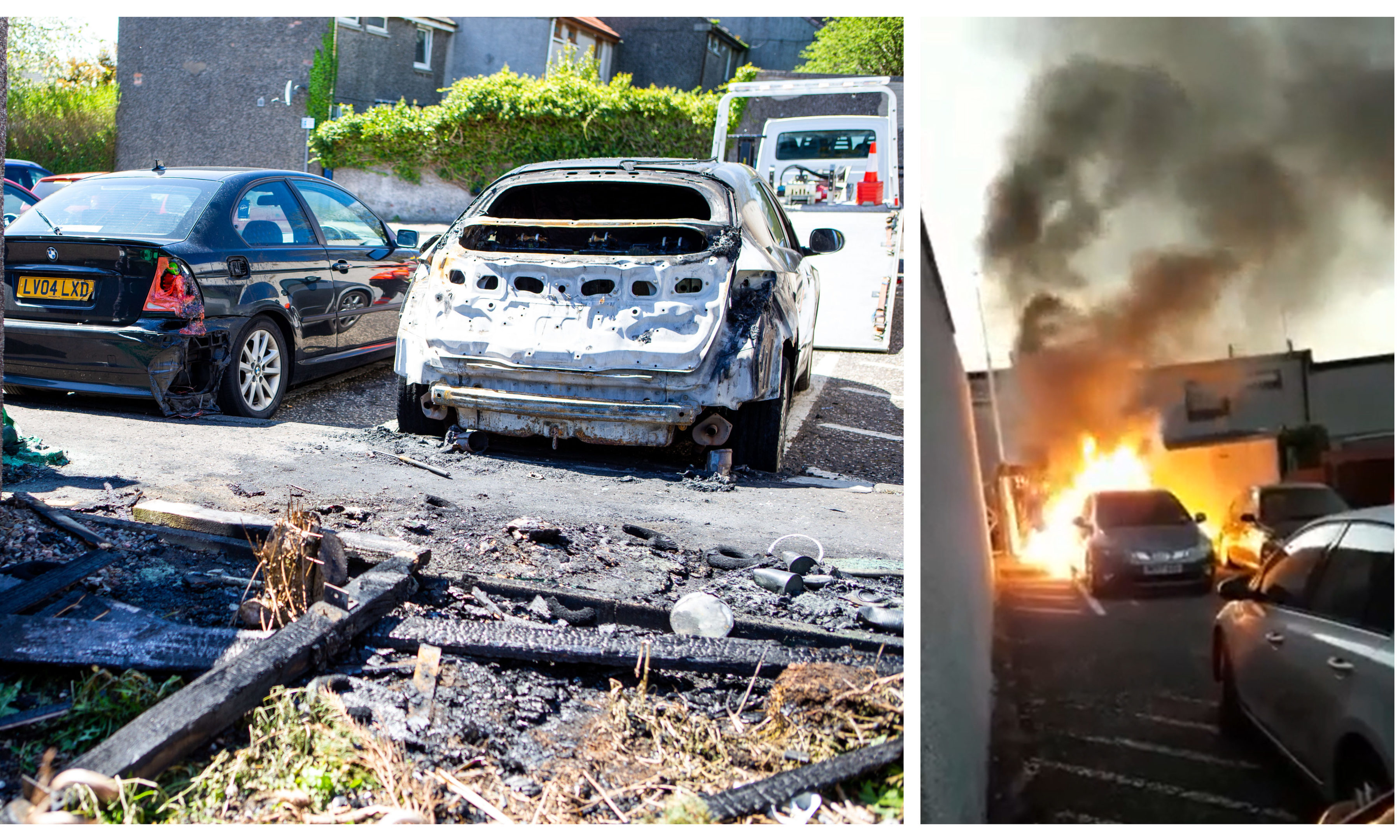 The cars during and after the blaze in Glenrothes.