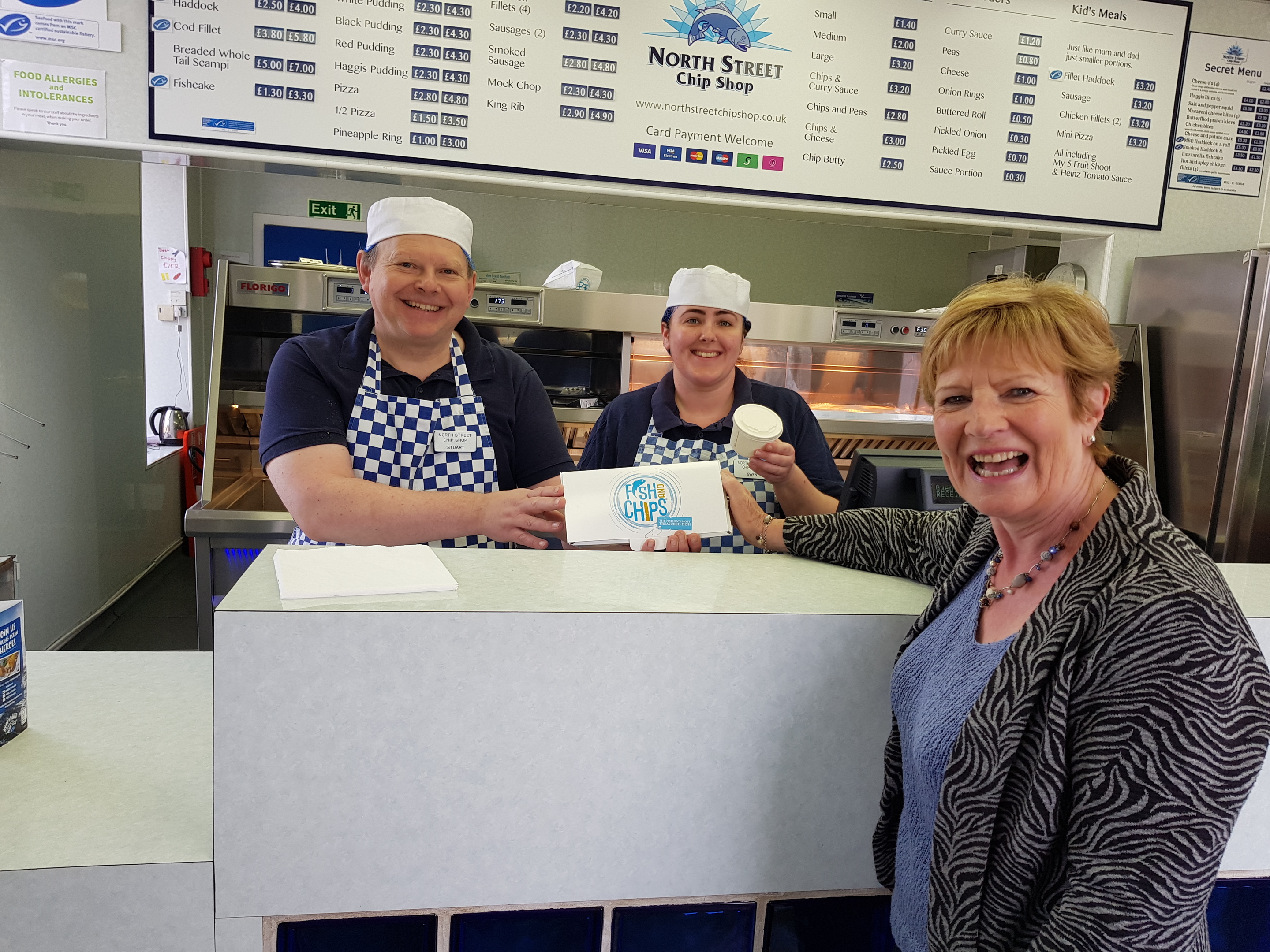 Stewart Atkinson and Gwen Roberts from North Street Chippie and Councillor Lynne Devine