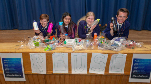 Courier News - Fife - Claire Warrender - Pass On Plastics Campaign story - CR0001468 - Cupar - Picture Shows: Left Charlotte Mofa (16), Rida Ashiq (17), Marije De Vries (17) and Cameron Drummond (17) of Bellbaxter High School with their Pass on Plastic campaign - Thursday 31st May 2018