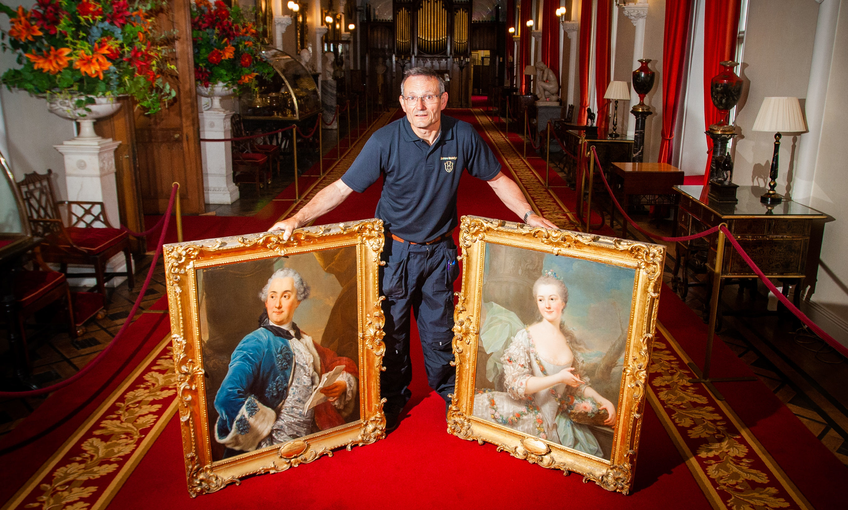 Two paintings by Marcello Bacciarelli to be transported to Warsaw for special exhibition. Picture shows Scone Palace curator Graham McIntyre with the two paintings, left is David 7th Viscount Stormont (Afterwards 2nd Earl of Mansfield) and right is Henrietta Countess Bunau 1st Wife of David 7th Viscount Stormont.